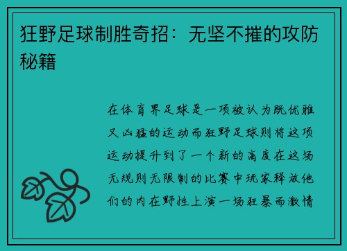 狂野足球制胜奇招：无坚不摧的攻防秘籍