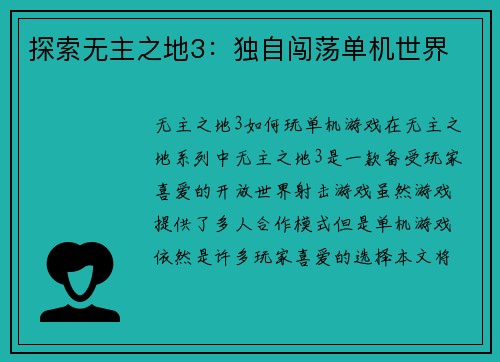 探索无主之地3：独自闯荡单机世界