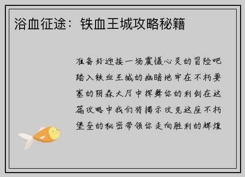 浴血征途：铁血王城攻略秘籍